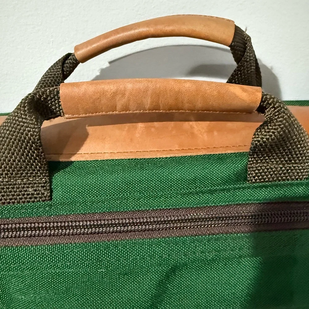 80s 90s LL BEAN Green Canvas Leather Folding Garment Carrying Bag Travel Vintage